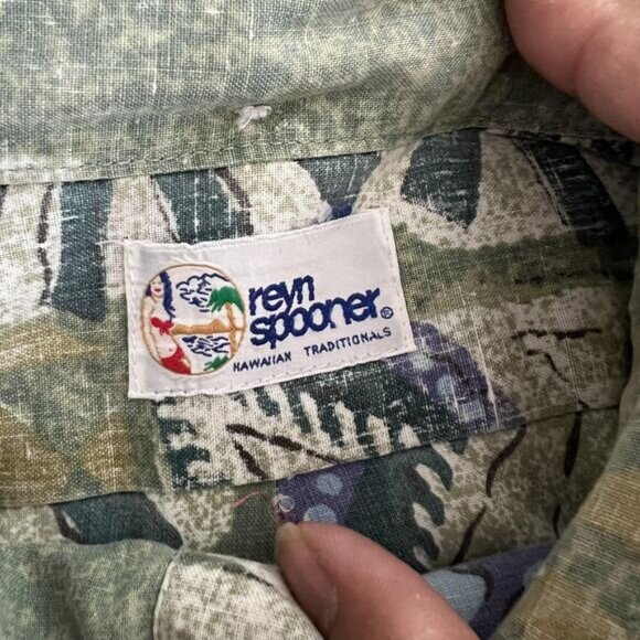 Vintage Reyn Spooner Shirt Mens Large Green Hawaiian Aloha Floral Geometric 90s - Picture 10 of 10